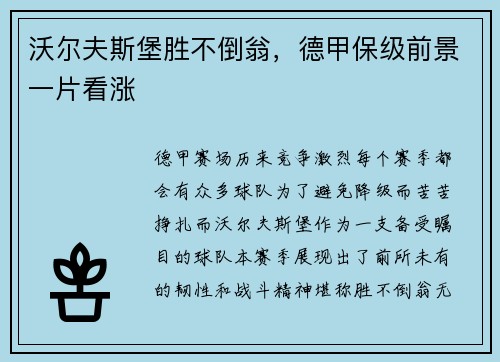 沃尔夫斯堡胜不倒翁，德甲保级前景一片看涨