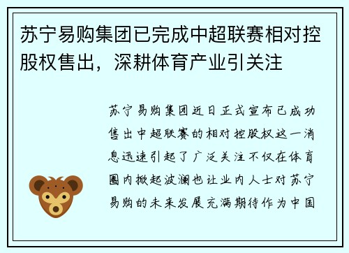苏宁易购集团已完成中超联赛相对控股权售出，深耕体育产业引关注