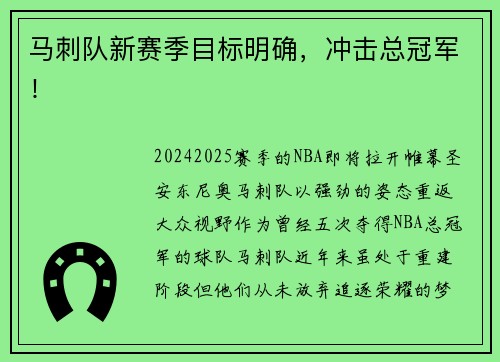 马刺队新赛季目标明确，冲击总冠军！